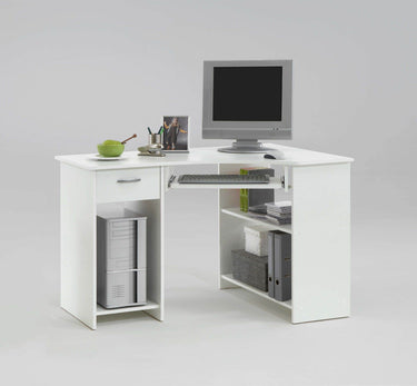 Elegant White Corner Desk with Drawer and Shelves for Home Office - UK Luxury Furniture